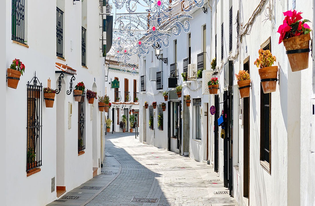 Empty street of Mijas village panoramic image. Costa del Sol, Ma