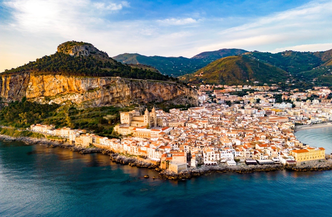 Aerial view of Cefalu, on the Tyrrhenian coast of Sicily, Italy