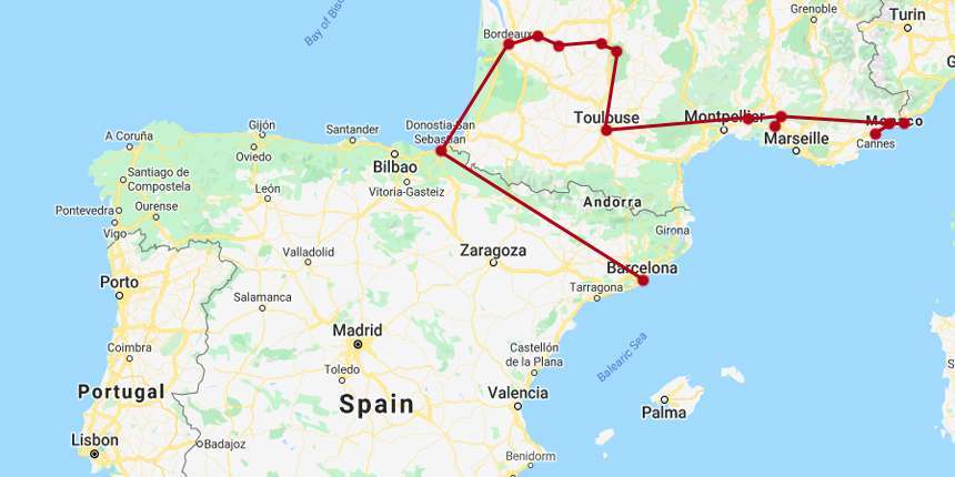 FRANCE & SPAIN CULTURAL TOUR MAP