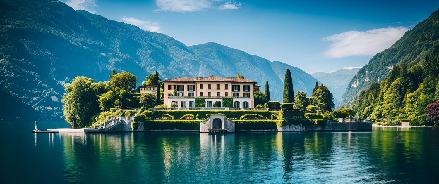 An ultra luxury mansion with a beautiful sunset view of Lake Com