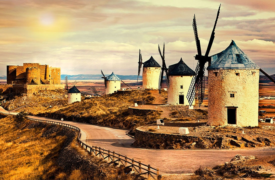 pink sunset over Cosuegra windmills
