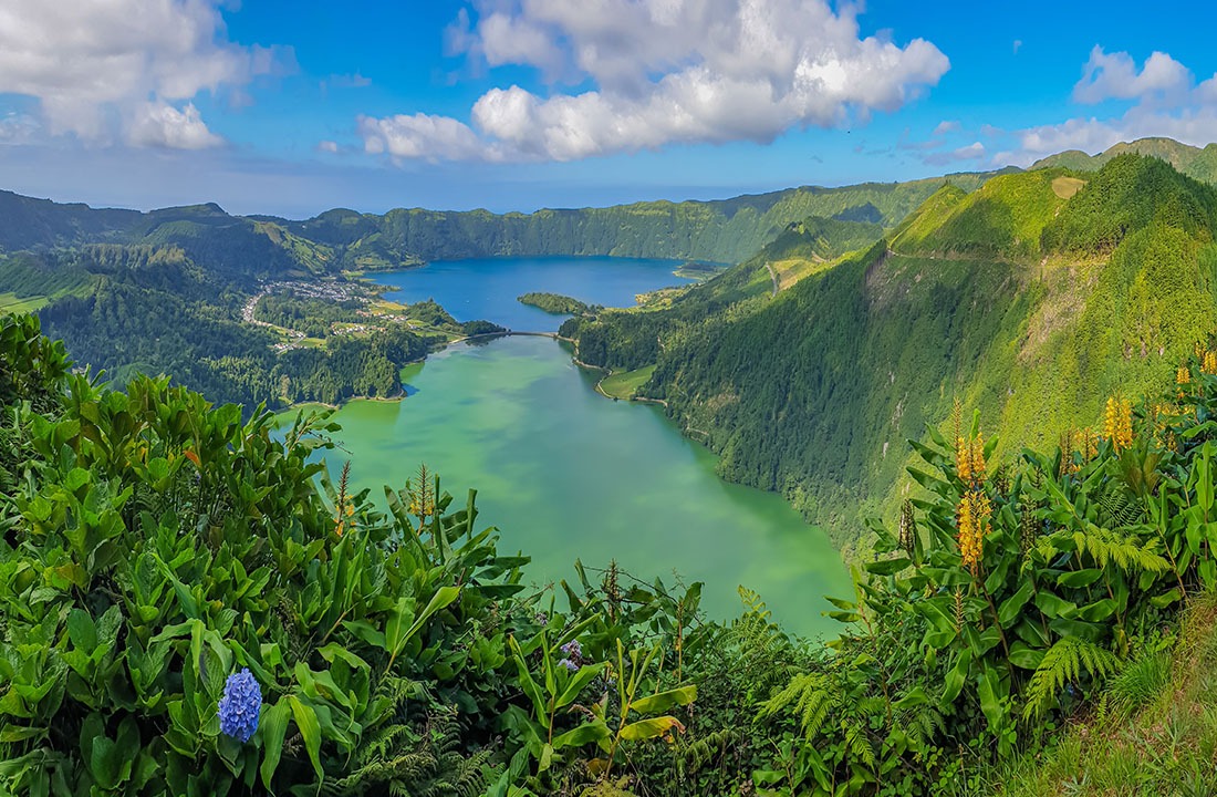 Panorama landscape from the volcanic crater lake of Sete Citades in Sao Miguel Island, Azores Portugal