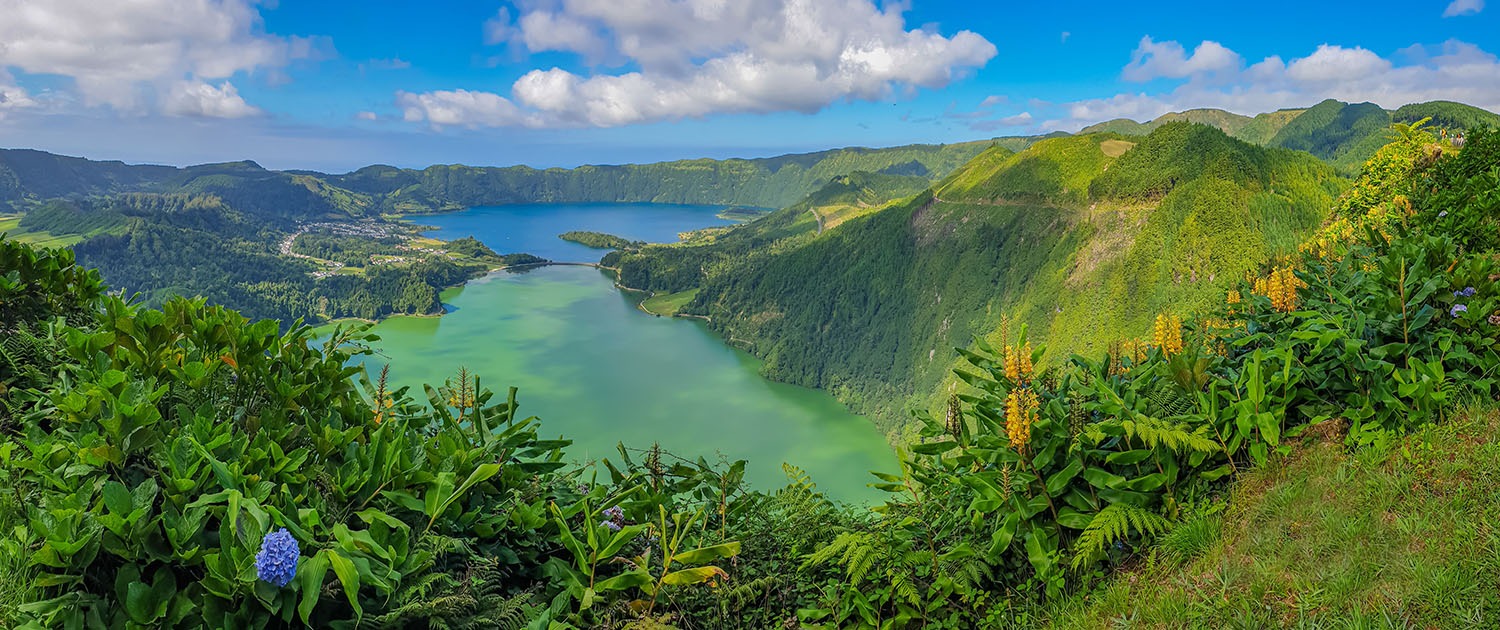 Panorama landscape from the volcanic crater lake of Sete Citades in Sao Miguel Island, Azores Portugal