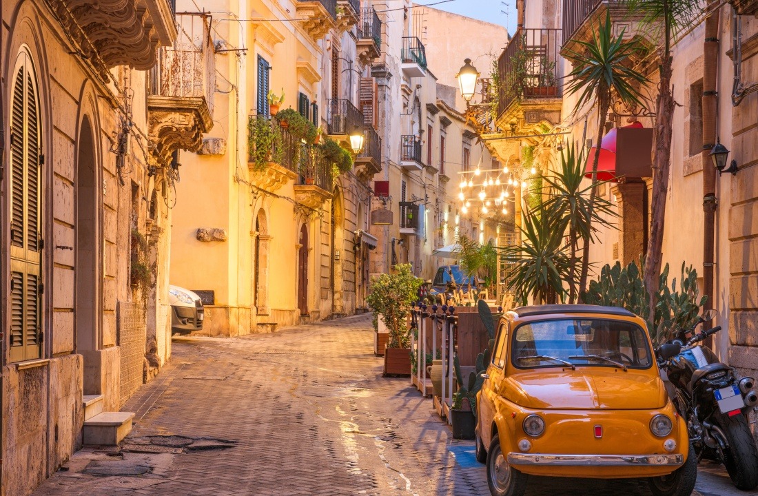Syracuse, Italy Street Scene at Twilight
