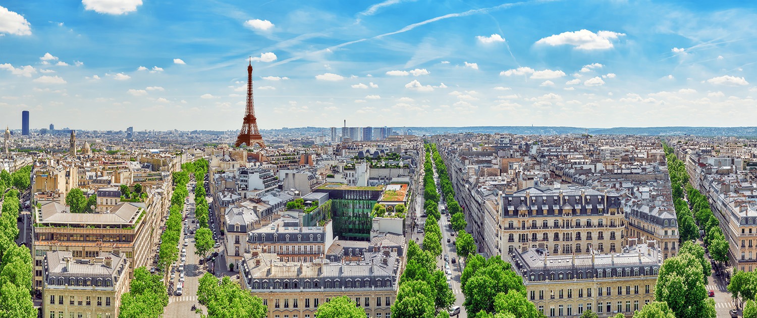 Beautiful panoramic view of Paris from the roof of the Triumphal Arch. View of the Eiffel Tower.