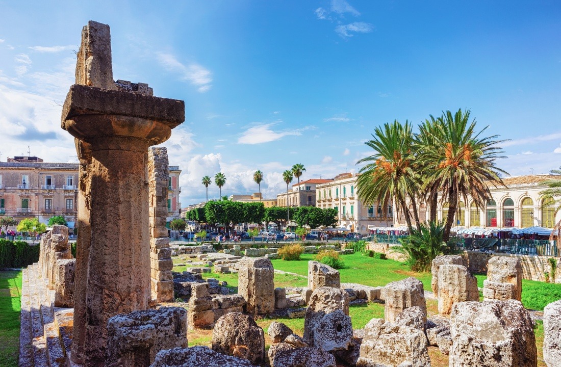 Ruins of Temple of Apollo at Piazza Pancali in Siracusa