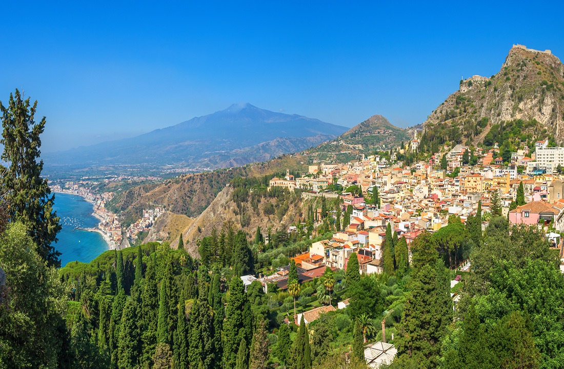 Taormina and Etna, seen from the Greek theater,Sicily.