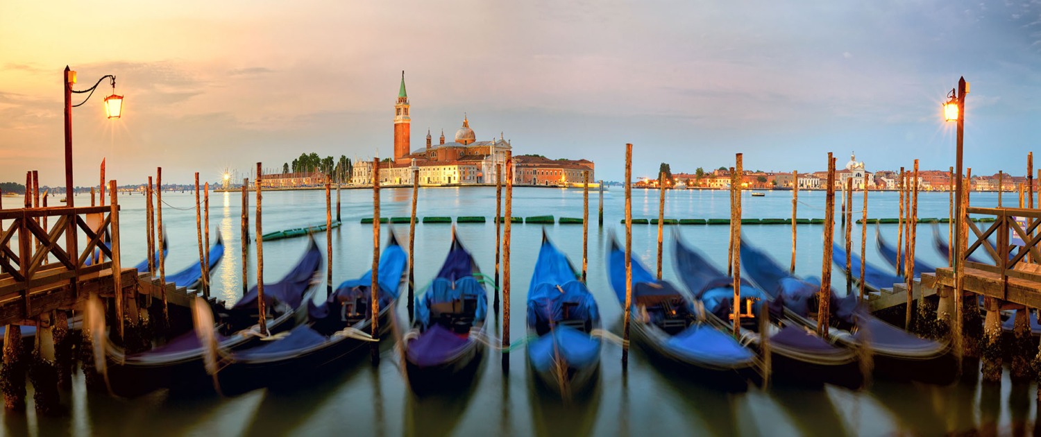 Gondolas in Venice, sunrise panorama